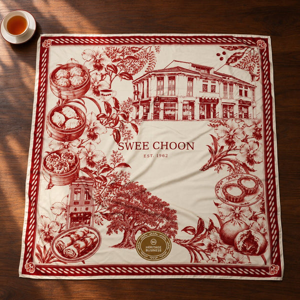 Swee Choon Heritage Wrap laid flat — maroon heritage print with shophouse, dim sum baskets and the Swee Choon Est. 1962 crest
